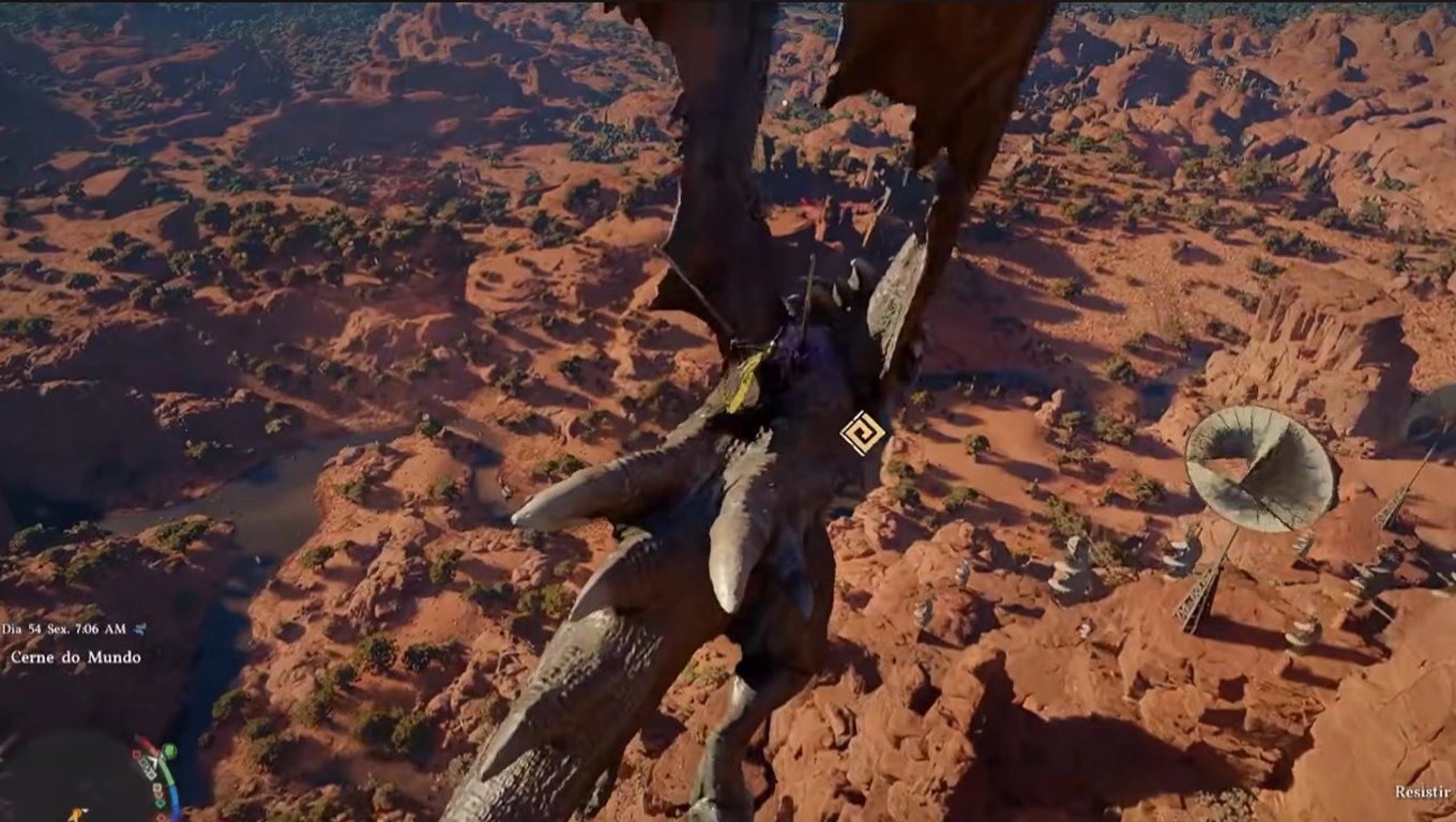 Jogador montado no dragão Black Star em Crimson Desert removendo lanças enquanto tenta se manter equilibrado