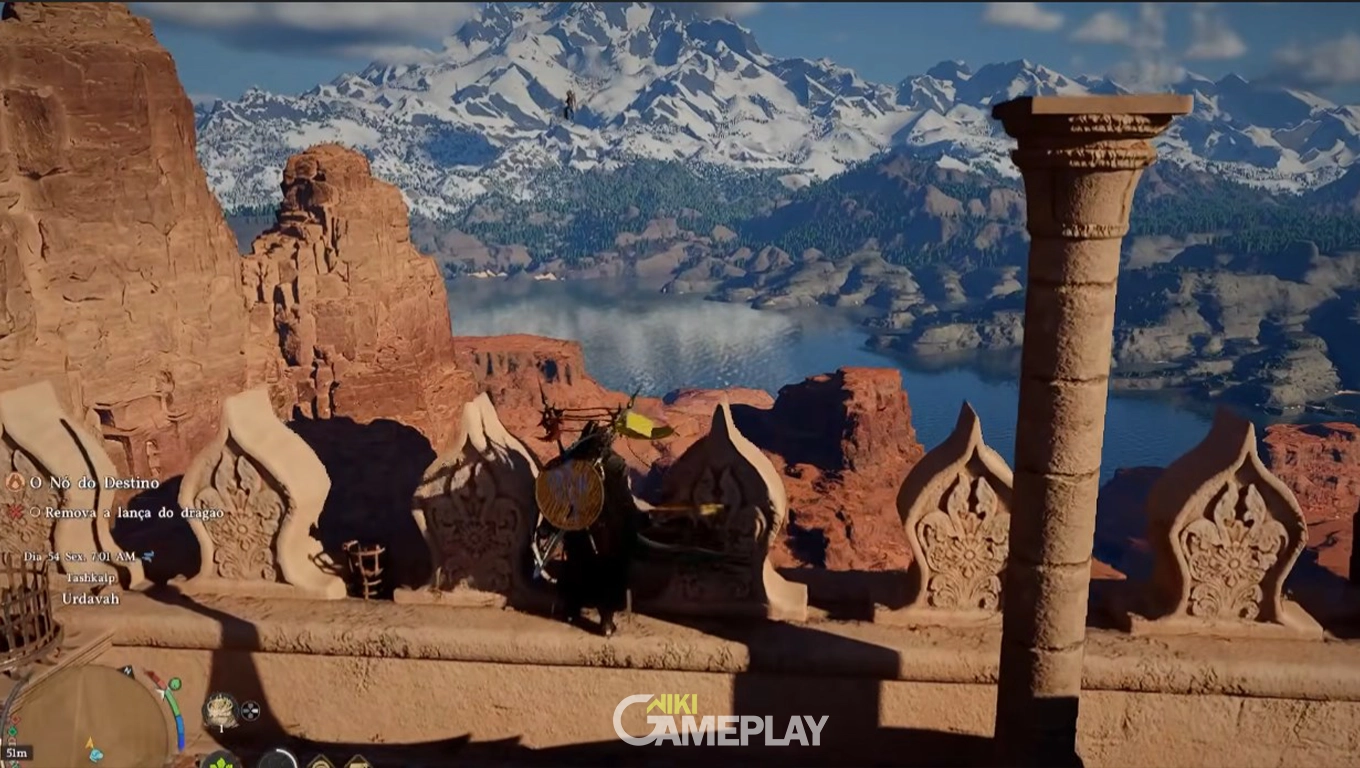 Personagem em uma ponte em Crimson Desert se preparando para pular e montar no dragão Black Star