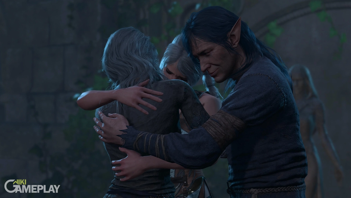 Shadowheart ao lado dos pais em Baldur’s Gate 3 durante a cena de reencontro na Casa da Dor