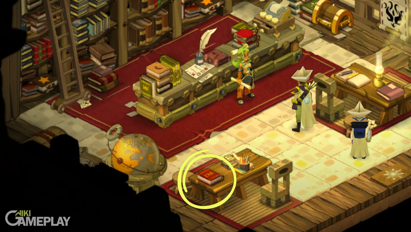 Local onde encontrar o livro que conta a Lenda de Rykke Errel na biblioteca de Incarnam em Dofus - A Esperança e a Tragédia