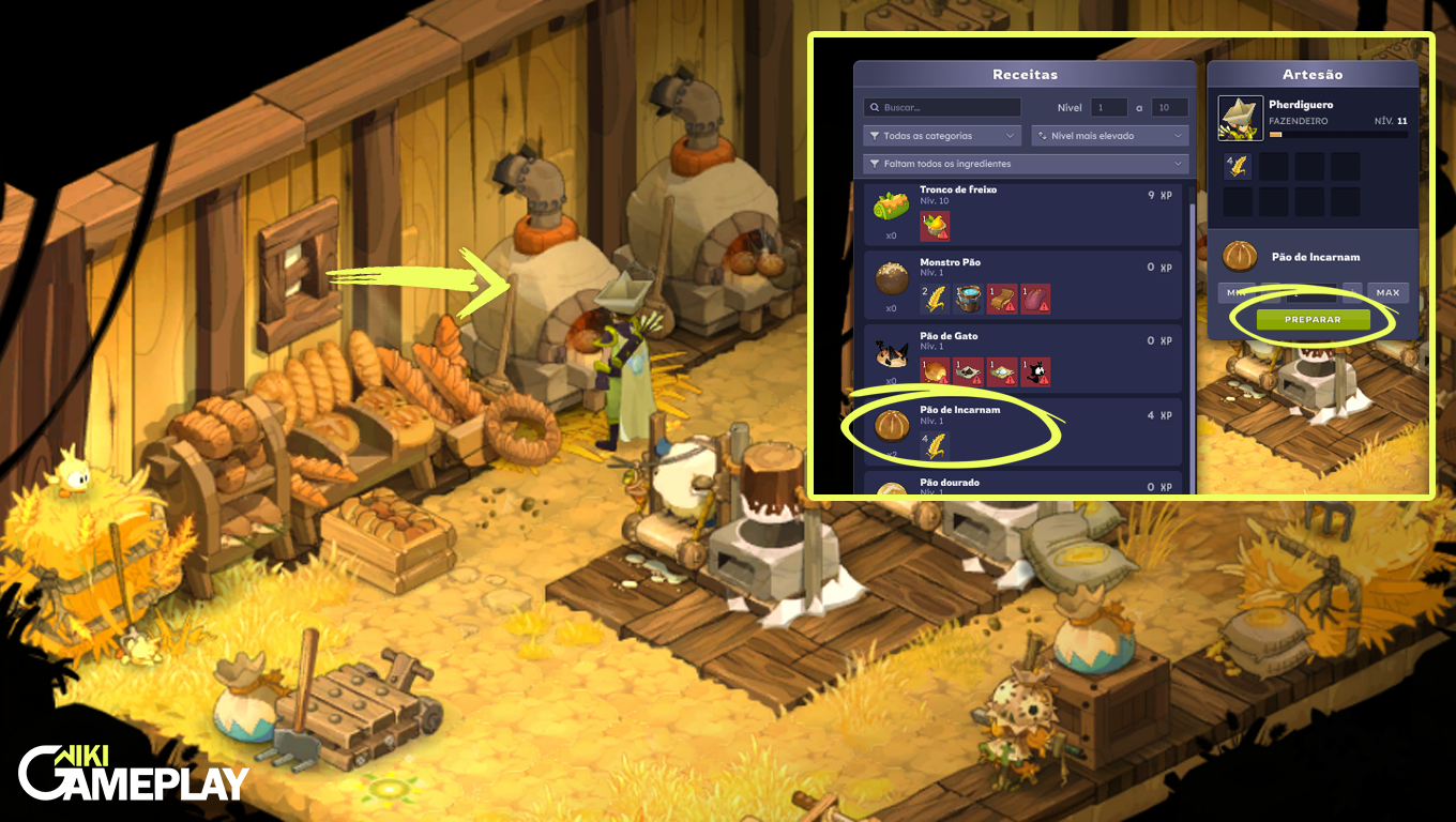 Personagem fabricando Pão de Incarnam no forno da cozinha em Incarnam no jogo Dofus durante a missão: Produtos Naturais