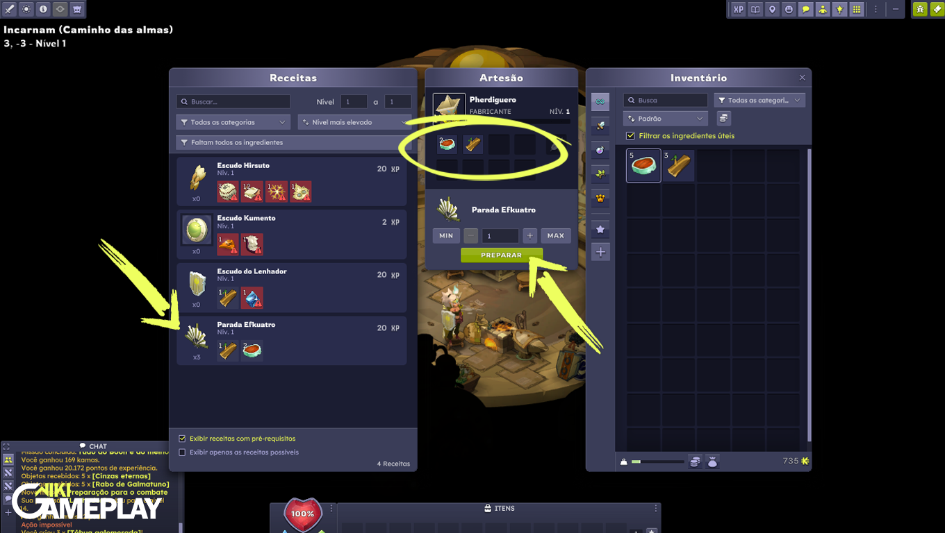 Como criar o o Escudo Parada Efkuatro durante a missão Preparação para o combate no Dofus
