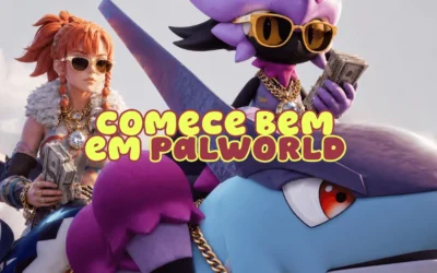 Personagem de Palworld acompanhado por Pals em um cenário de sobrevivência com base ao fundo.