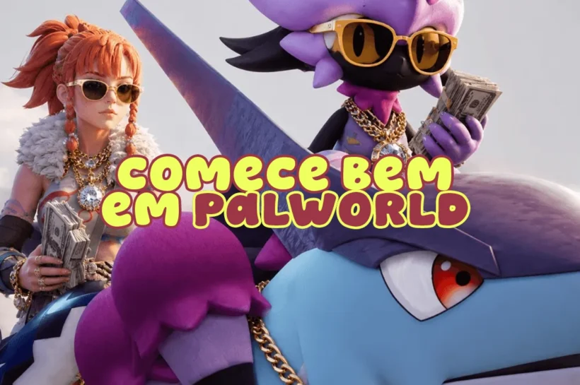 Personagem de Palworld acompanhado por Pals em um cenário de sobrevivência com base ao fundo.